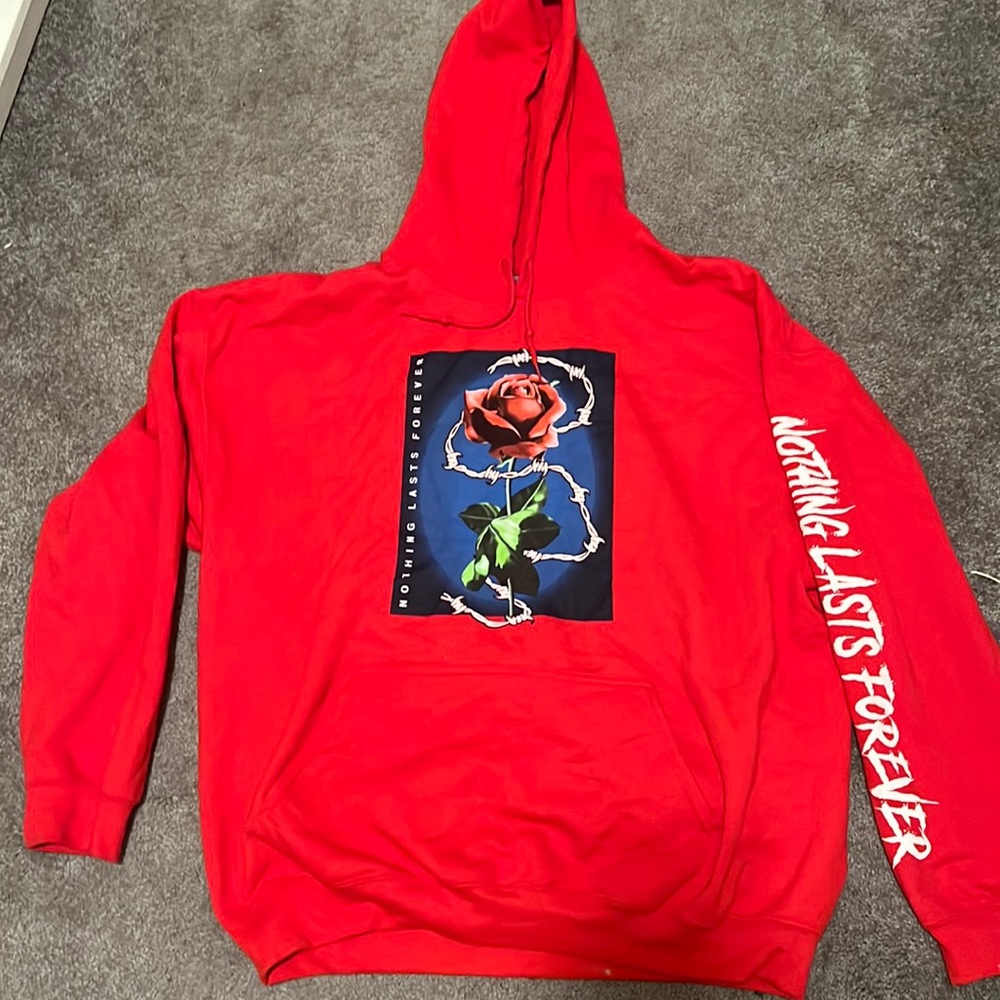 red “nothing lasts forever” rose hoodie